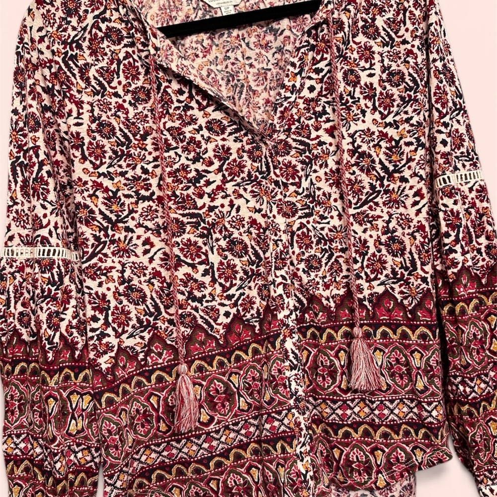 Lucky Brand Red and Cream Bohemian Floral Tassel Blouse